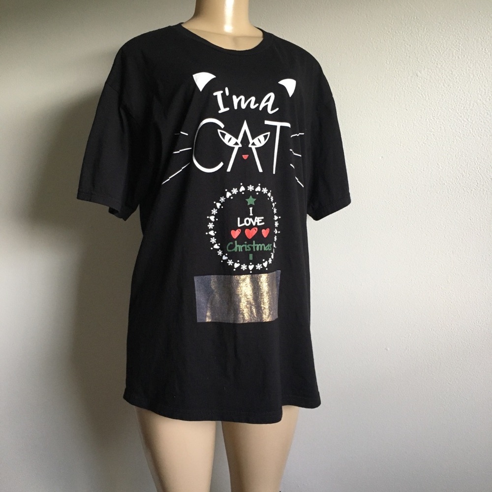 Cat Christmas Black T shirt I AM A CAT / I LOVE CHRISTMAS L